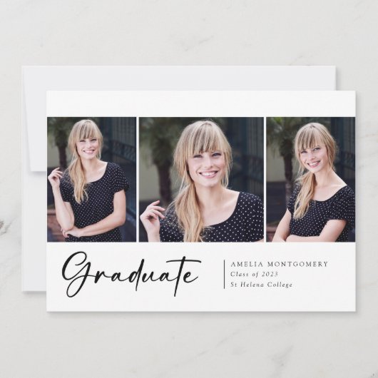 モダンな3枚の写真を使ったスクリプトフォントの卒業デザイン 案内状 (正面)