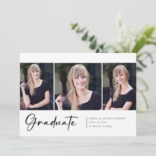 モダンな3枚の写真を使ったスクリプトフォントの卒業デザイン 案内状 (スタンド正面)