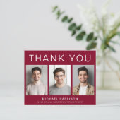 モダンな3枚の写真を使った卒業式のワインレッドの感謝メッセージカード ポストカード (スタンド正面)