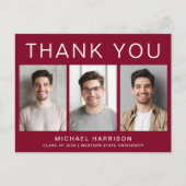 モダンな3枚の写真を使った卒業式のワインレッドの感謝メッセージカード ポストカード (正面)