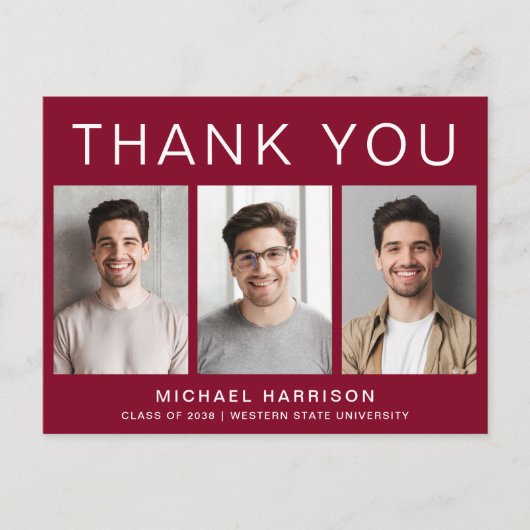 モダンな3枚の写真を使った卒業式のワインレッドの感謝メッセージカード ポストカード (正面)