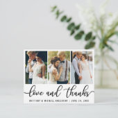 モダンな3枚の写真を使った結婚式の愛と感謝を表すブラックスクリプト ポストカード (スタンド正面)