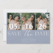 モダンな3枚の写真コラージュ ダスティブルーの結婚式 セーブザデート (正面)