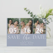 モダンな3枚の写真コラージュ ダスティブルーの結婚式 セーブザデート (スタンド正面)