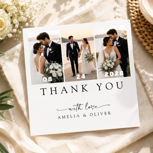 モダンな3枚の写真コラージュ ミニマリスト結婚式スクエアデザイン サンキューカード