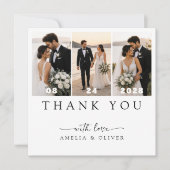 モダンな3枚の写真コラージュ ミニマリスト結婚式スクエアデザイン サンキューカード (正面)
