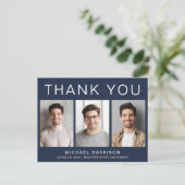 モダンな3枚の写真付きブルー卒業感謝カード ポストカード (スタンド正面)