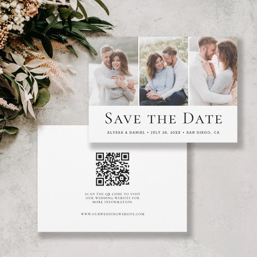 モダンな3枚写真の結婚式ウェブサイトQRコード セーブザデート