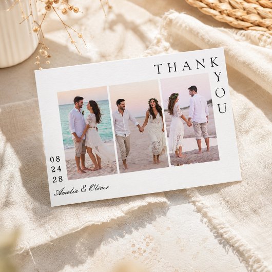 モダンな3枚写真コラージュの結婚式デザイン サンキューカード