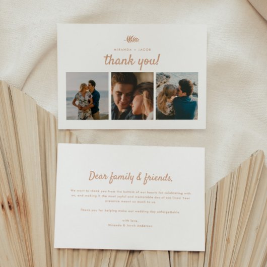 モダンな3枚写真 ベージュ フラワー リーフ ウェディング サンキューカード