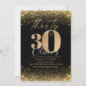 モダンな30歳の誕生日パーティー ブラック ゴールド グリッター 招待状 (正面)
