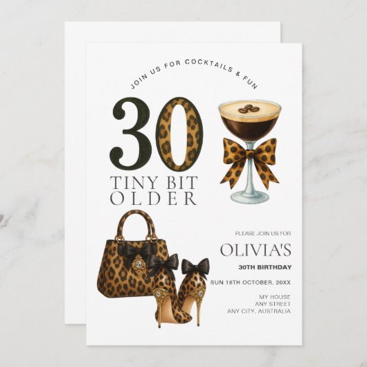 モダンな30歳の誕生日、おしゃれなヒョウ柄 招待状 (正面/裏面)