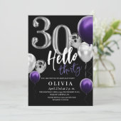 モダンな30歳の誕生日 黒 銀 紫 風船 招待状 (スタンド正面)