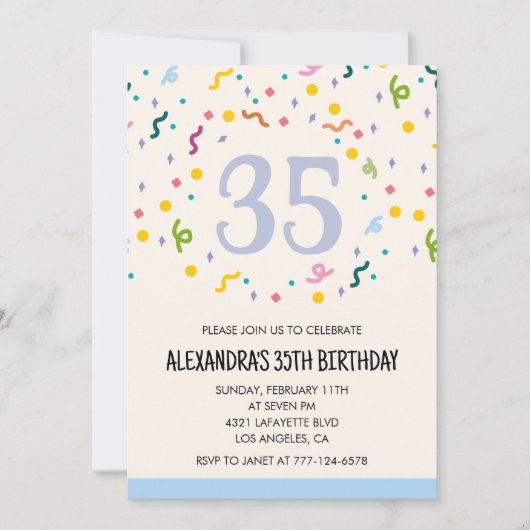 モダンな35歳の誕生日招待状 コンフェティ 招待状 (正面)