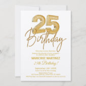 モダンな3Dゴールドグリッター 25歳の誕生日パーティー 招待状 (正面)
