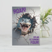 モダンな3D恐竜T-Rexの子供の誕生日 招待状 (スタンド正面)