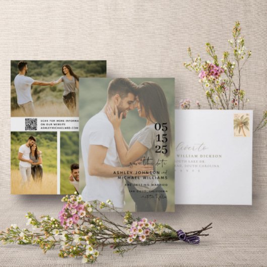 モダンな4つの写真のエレガントなタイポグラフィーQRコードオーバーレイ セーブザデート