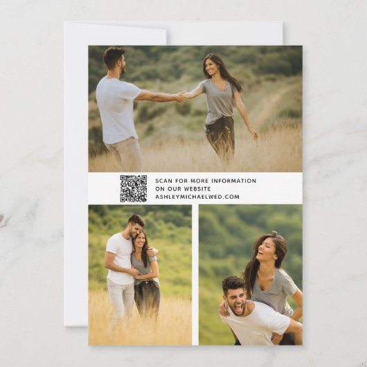 モダンな4つの写真のエレガントなタイポグラフィーQRコードオーバーレイ セーブザデート (裏面)