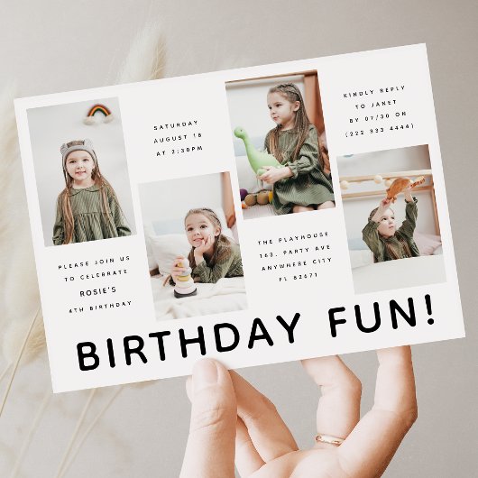 モダンな4枚の写真を使ったバースデーパーティー 招待状