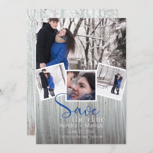 モダンな4枚の写真を使った、 rustic タイポグラフィーのSave the Date 招待状 (正面/裏面)