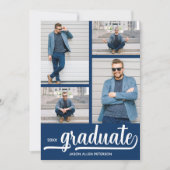 モダンな4枚の写真コラージュ 青い卒業式 招待状 (正面)