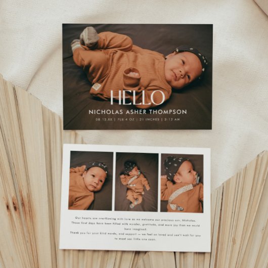 モダンな4枚の写真 "Hello" 新生児の誕生 案内状