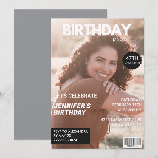 モダンな47歳の誕生日招待状 おしゃれな雑誌 招待状 (正面/裏面)