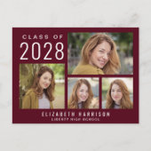 モダンな5枚の写真付きバーガンディ色の卒業のお知らせ 案内ポストカード (正面)