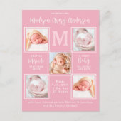 モダンな5枚の写真 新生児 ピンク 出生のお知らせ ポストカード (正面)