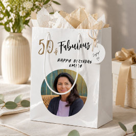 モダンな50歳と華麗な写真付き50歳の誕生日 ミディアムペーパーバッグ