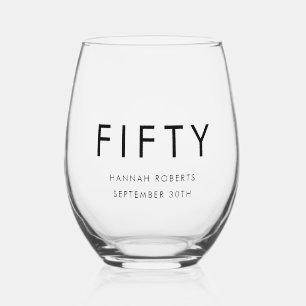 モダンな50歳の名前と日付の太字 50歳の誕生日パーティー ステムなしワイングラス