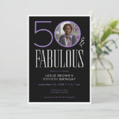モダンな50歳の華やかなパープルホワイト写真の誕生日 招待状 (スタンド正面)