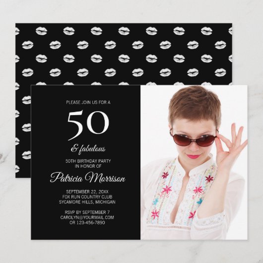 モダンな50歳の誕生日お祝い ブラック 写真入り 招待状 (正面/裏面)