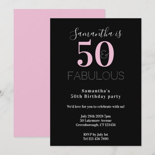 モダンな50歳の誕生日 ブラックピンクパーティー 招待状 (正面/裏面)
