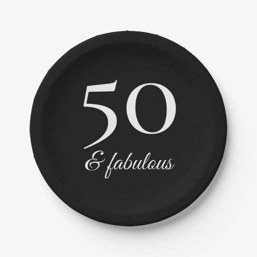 モダンな50歳の誕生日 黒と白のタイポグラフィ ペーパープレート (正面)