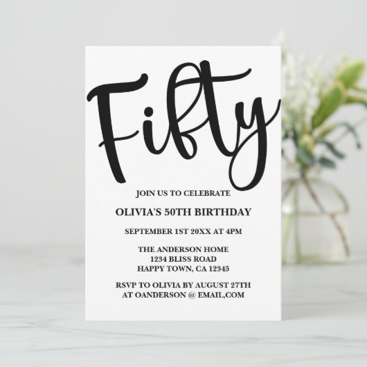 モダンな50歳の誕生日 黒と白 招待状 (スタンド正面)