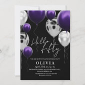 モダンな50歳の誕生日 黒 銀 紫 風船 招待状 (正面)