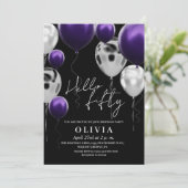 モダンな50歳の誕生日 黒 銀 紫 風船 招待状 (スタンド正面)