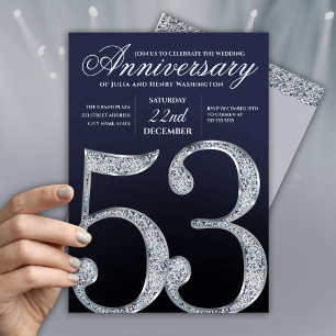 モダンな53回目結婚記念日のダイヤモンドシルバー紺色デザイン 招待状