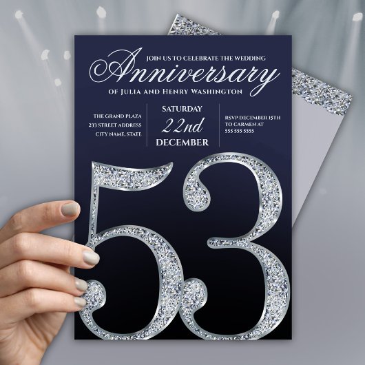 モダンな53回目結婚記念日のダイヤモンドシルバー紺色デザイン 招待状