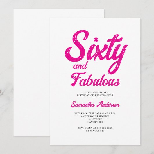 モダンな60歳とファビュラス ピンクの60歳の誕生日パーティー 招待状 (正面/裏面)