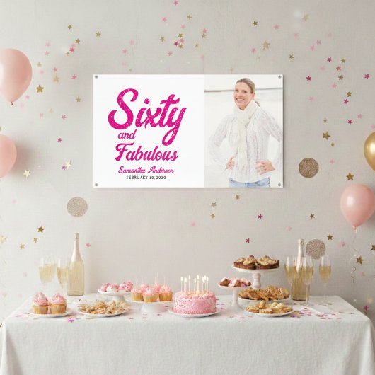 モダンな60歳のお誕生日おめでとう ピンクの60歳の誕生日パーティー 横断幕