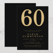 モダンな60歳のブラックゴールド60歳の誕生日パーティー 招待状 (正面/裏面)