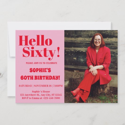 モダンな60歳の誕生日フォトパーティー タイポグラフィーが映える 招待状 (正面)