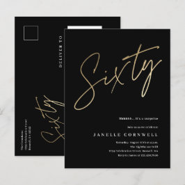 モダンな60歳の誕生日　エレガントなブラック＆ゴールドのスクリプト インビテーションポストカード