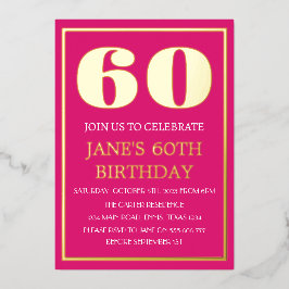 モダンな60歳の誕生日 マゼンタ ゴールドホイル QRコード 箔招待状