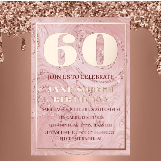 モダンな60歳の誕生日 ローズゴールド箔 QRコード箔 I 箔招待状