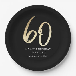モダンな60歳の誕生日 黒と金の筆記体 ペーパープレート
