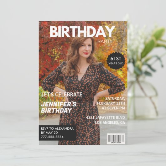 モダンな61歳の誕生日招待状 おしゃれな雑誌 招待状 (スタンド正面)