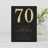モダンな70歳のブラックゴールドの70歳の誕生日パーティー 招待状 (スタンド正面)